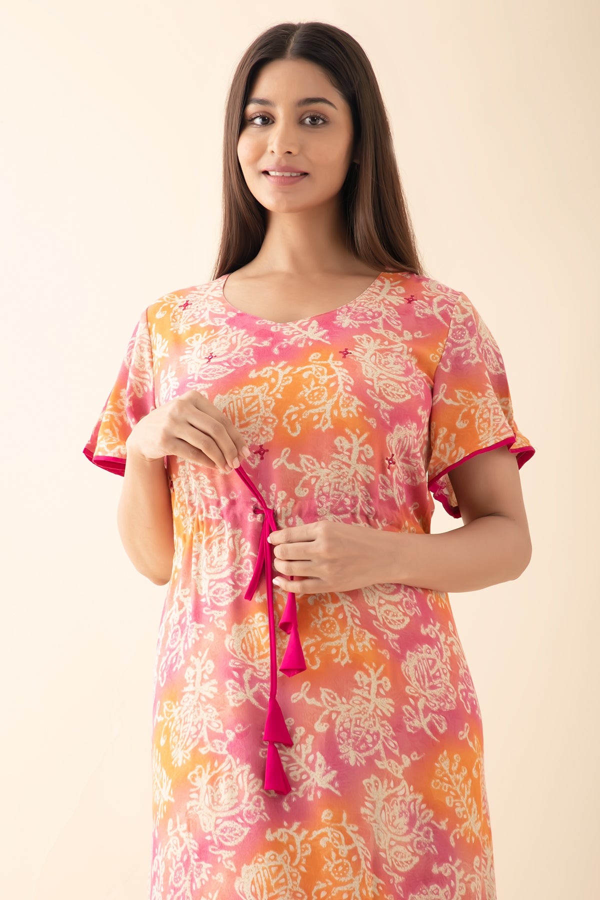 Floral Printed Nighty with Waist Tie-up - Pink & Orange