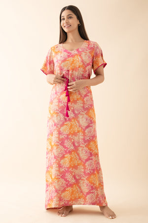 Floral Printed Nighty with Waist Tie-up - Pink & Orange