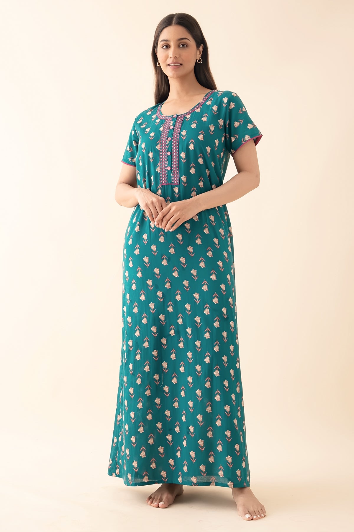 Tulip Floral Printed & Embroidered Nighty - Green