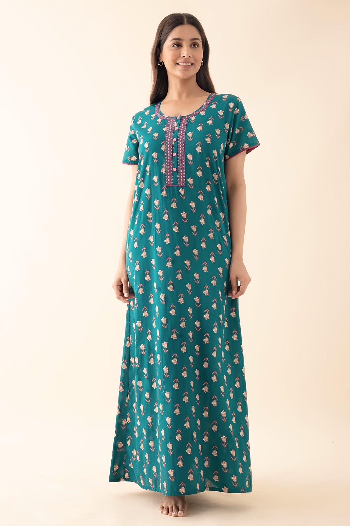 Tulip Floral Printed & Embroidered Nighty - Green