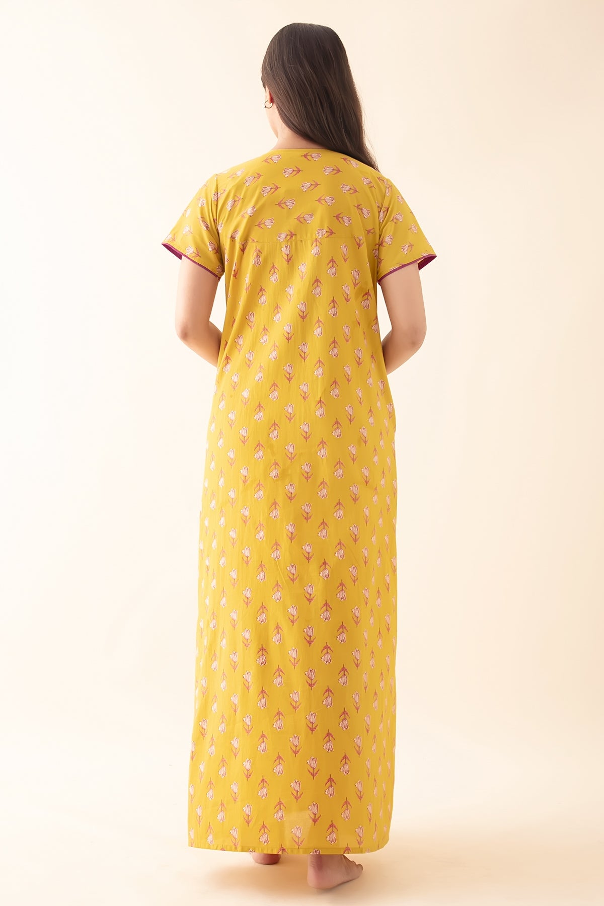 Tulip Floral Printed & Embroidered Nighty - Mustard