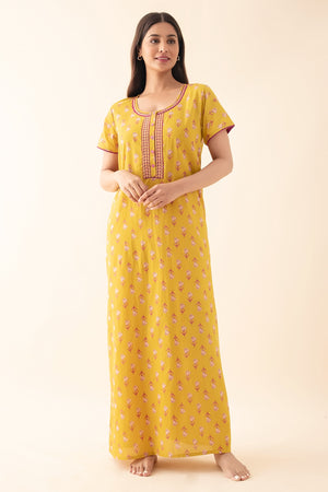 Tulip Floral Printed & Embroidered Nighty - Mustard