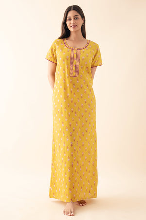 Tulip Floral Printed & Embroidered Nighty - Mustard