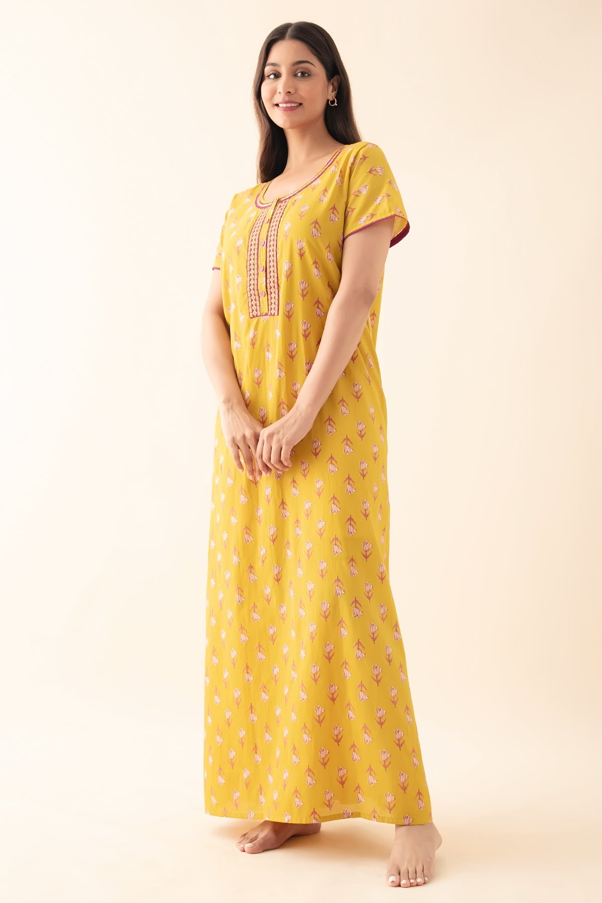 Tulip Floral Printed & Embroidered Nighty - Mustard