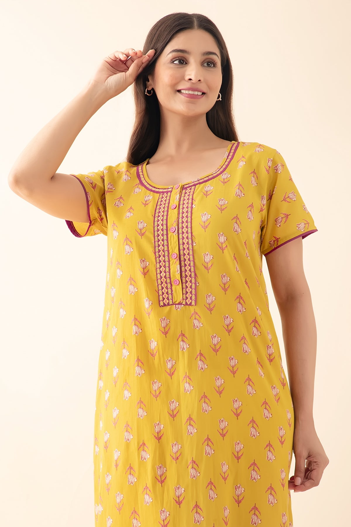 Tulip Floral Printed & Embroidered Nighty - Mustard