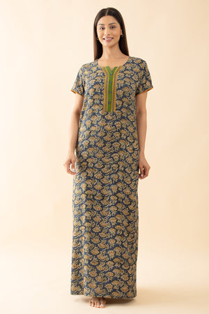 Kalamakri Printed & Embroidered Nighty - Blue