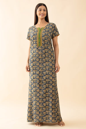 Kalamakri Printed & Embroidered Nighty - Blue