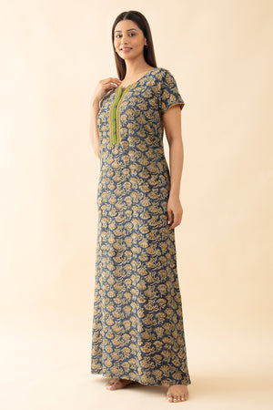 Kalamakri Printed & Embroidered Nighty - Blue