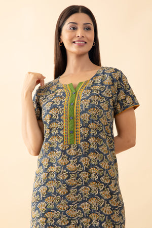 Kalamakri Printed & Embroidered Nighty - Blue