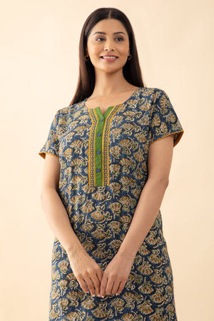 Kalamakri Printed & Embroidered Nighty - Blue