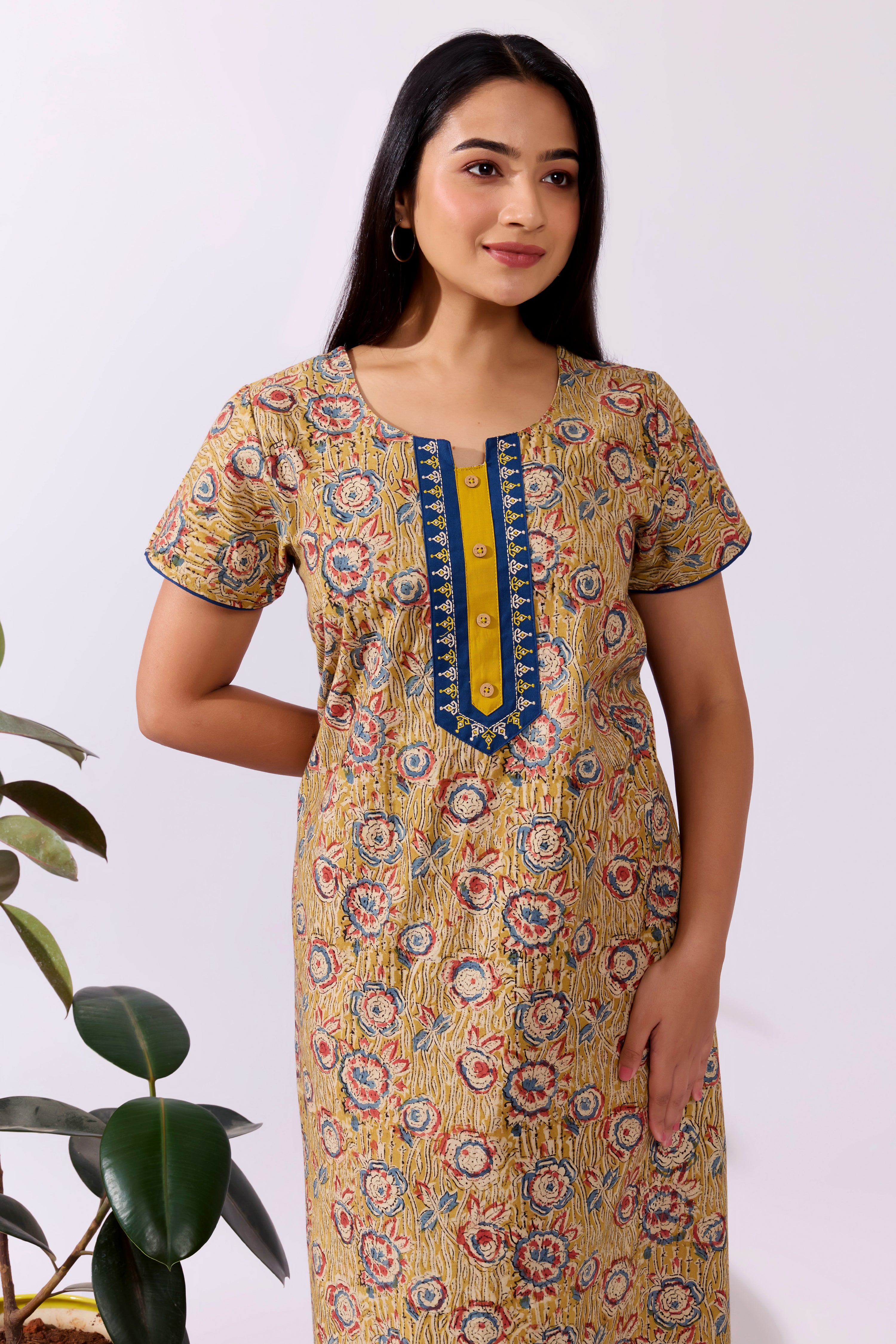 Floral Printd Purple Cotton Nighty ith Contrast Yoke Patchwork