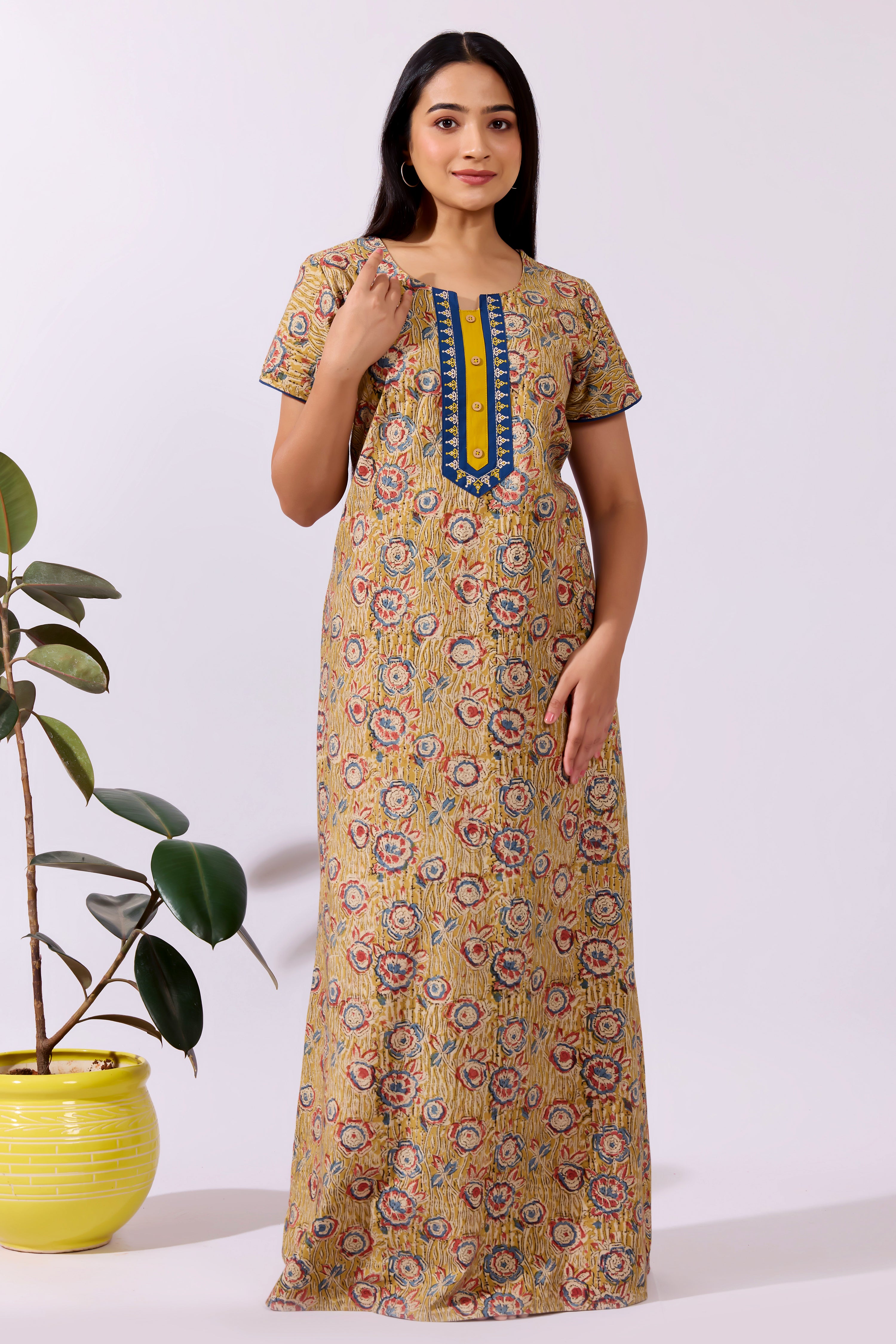 Floral Printd Purple Cotton Nighty ith Contrast Yoke Patchwork