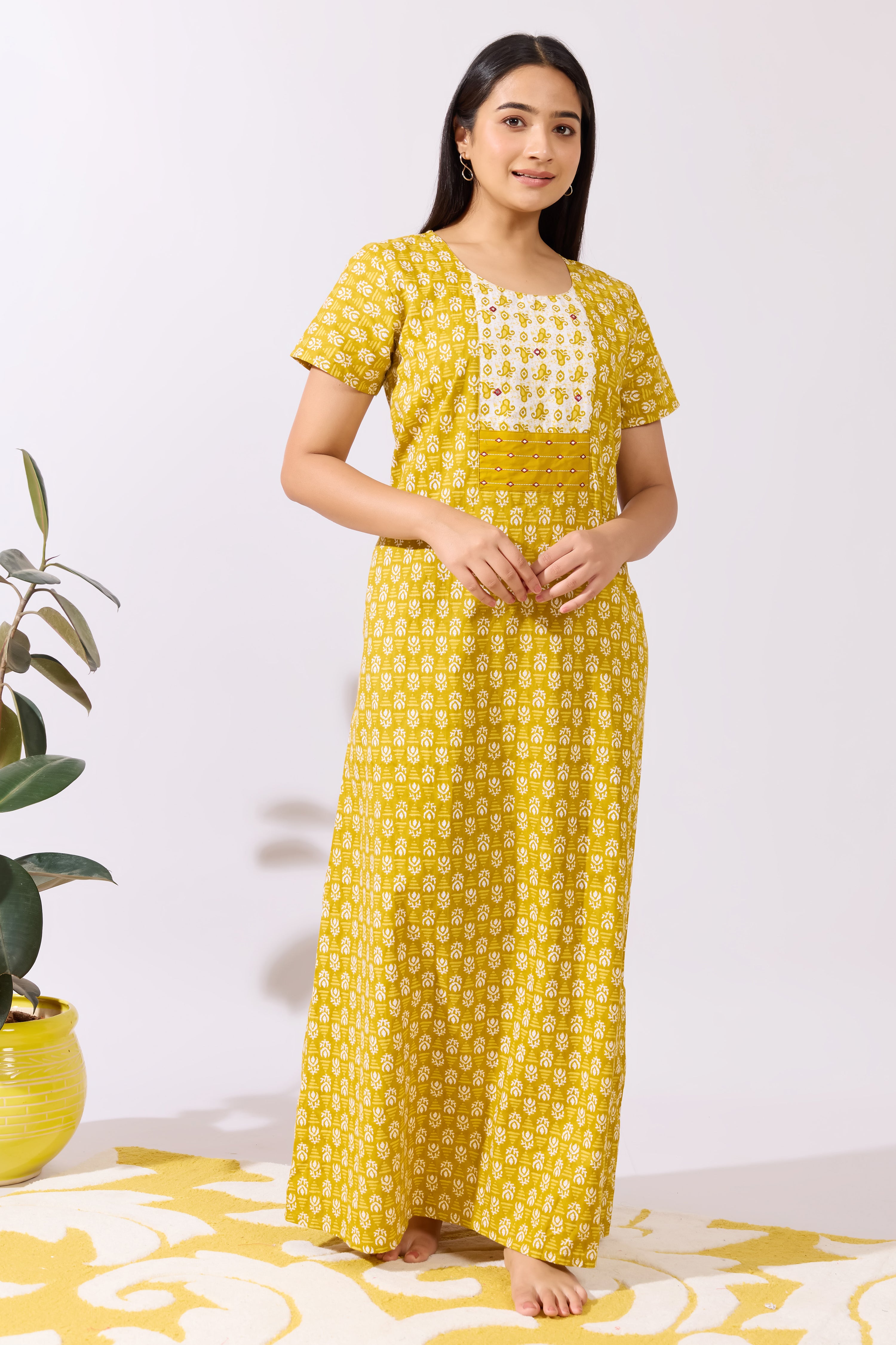 Mustard Cotton Printed Nigthy with Paisley Printed Yoke Patchwork