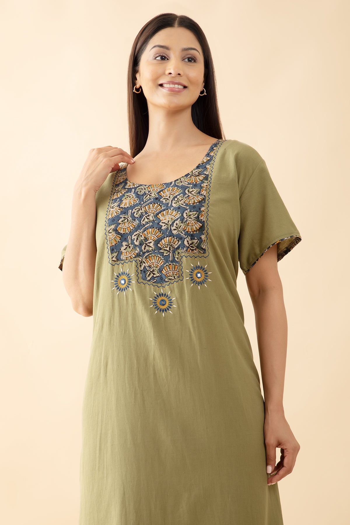 Solid Nighty with Kalamkari Printed & Embroidered Yoke - Green