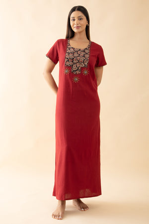 Kalamkari Yoke Patchwork Nighty with Foil Mirror Embroidery - Maroon