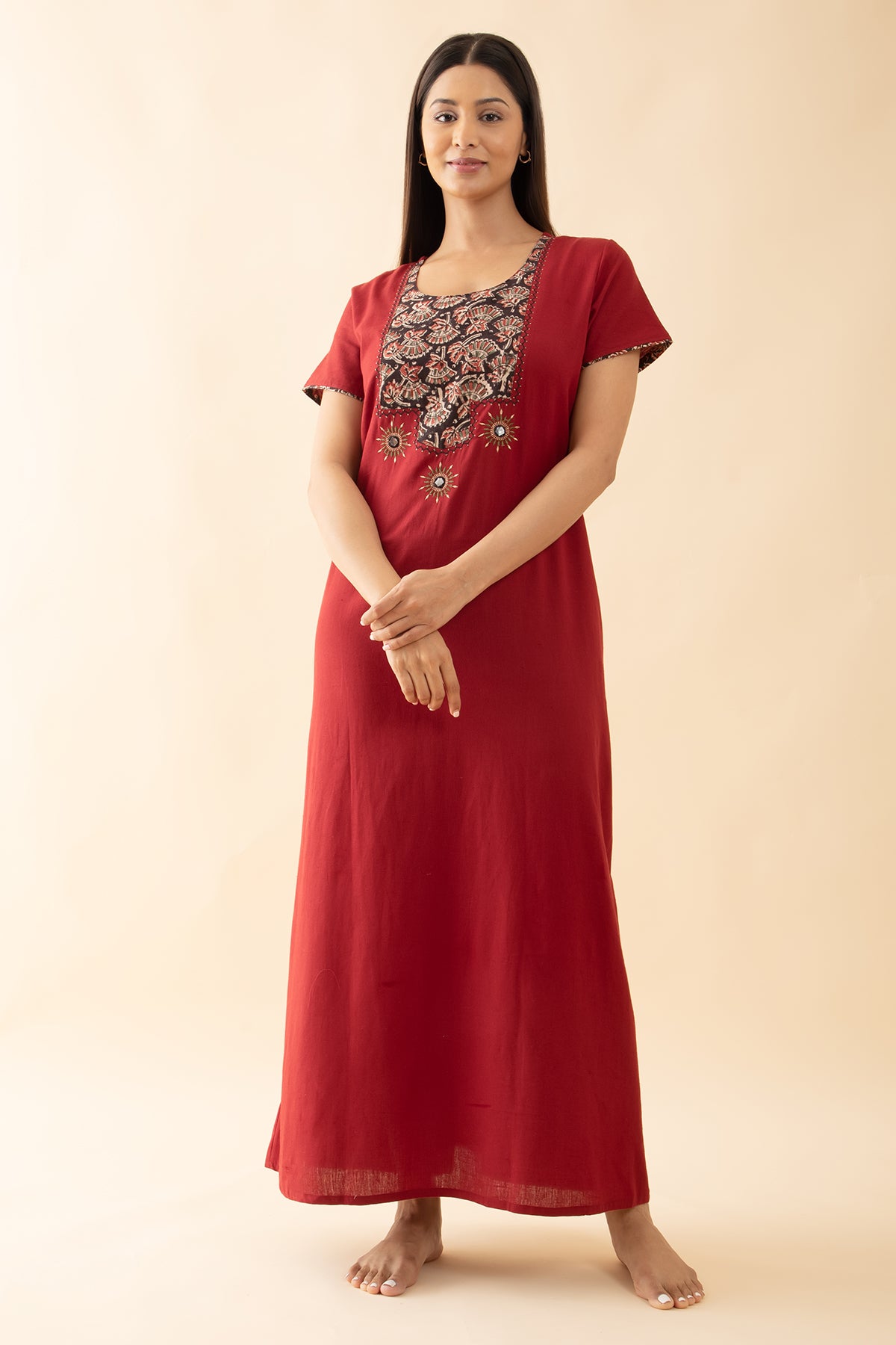 Kalamkari Yoke Patchwork Nighty with Foil Mirror Embroidery - Maroon