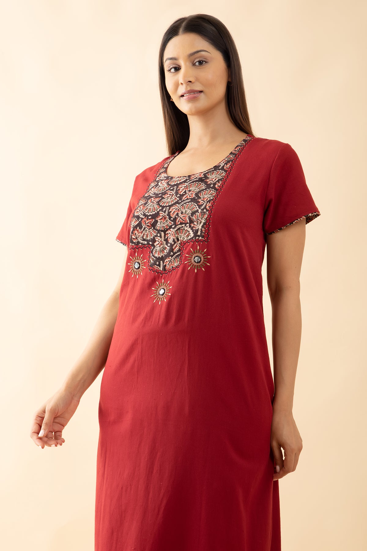 Kalamkari Yoke Patchwork Nighty with Foil Mirror Embroidery - Maroon