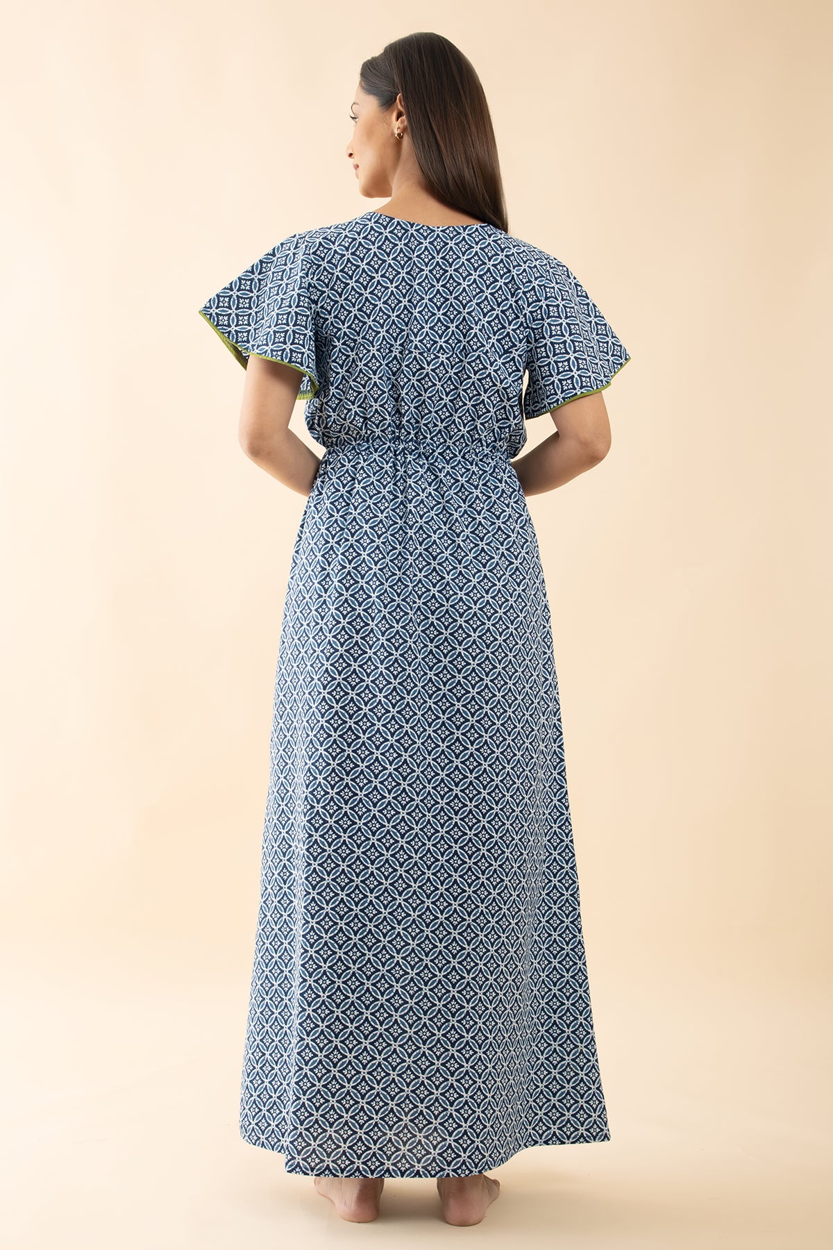 Indigo Printed Cotton Nighty with Waist Tie-up - Blue & Green