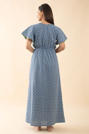 Indigo Printed Cotton Nighty with Waist Tie-up - Blue & Green