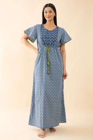 Indigo Printed Cotton Nighty with Waist Tie-up - Blue & Green