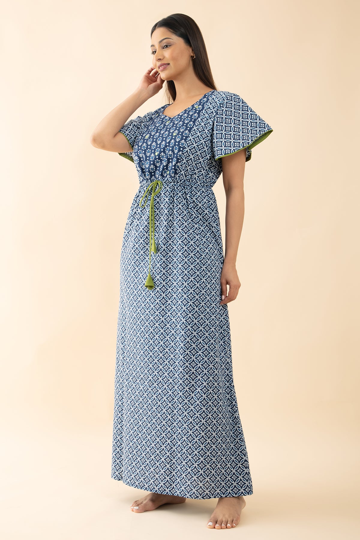 Indigo Printed Cotton Nighty with Waist Tie-up - Blue & Green