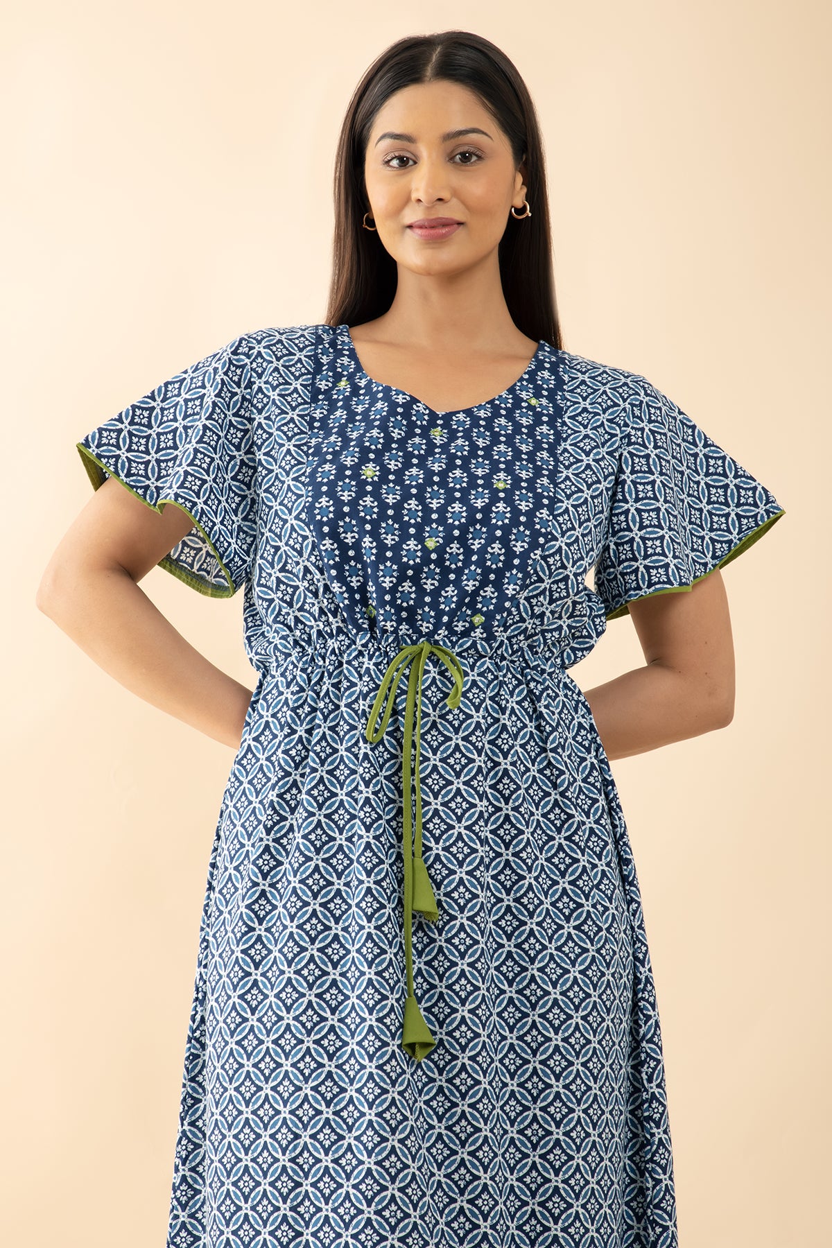 Indigo Printed Cotton Nighty with Waist Tie-up - Blue & Green