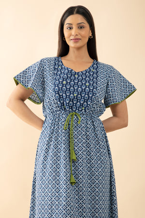 Indigo Printed Cotton Nighty with Waist Tie-up - Blue & Green