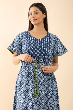 Indigo Printed Cotton Nighty with Waist Tie-up - Blue & Green