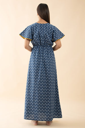 Indigo Printed Cotton Nighty with Waist Tie-up - Blue & Mustard