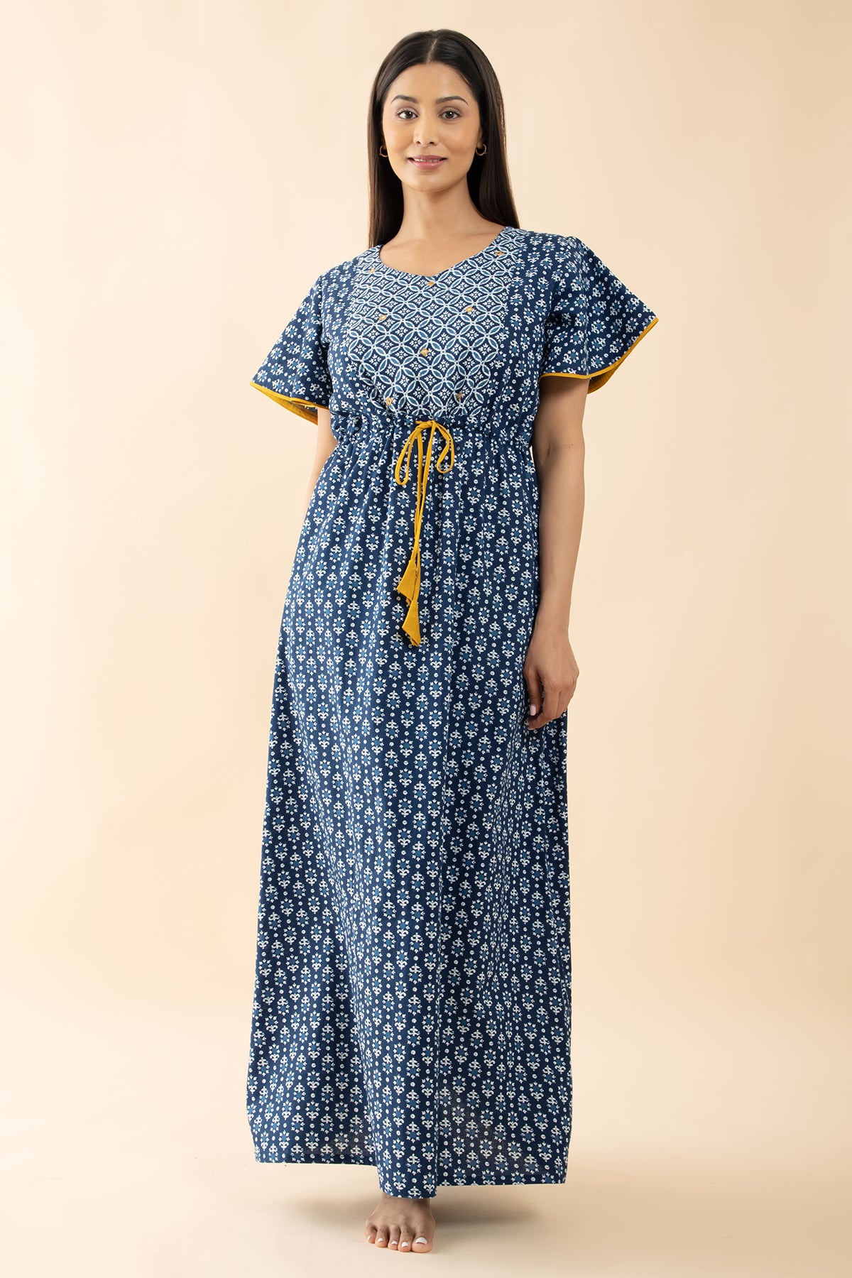 Indigo Printed Cotton Nighty with Waist Tie-up - Blue & Mustard