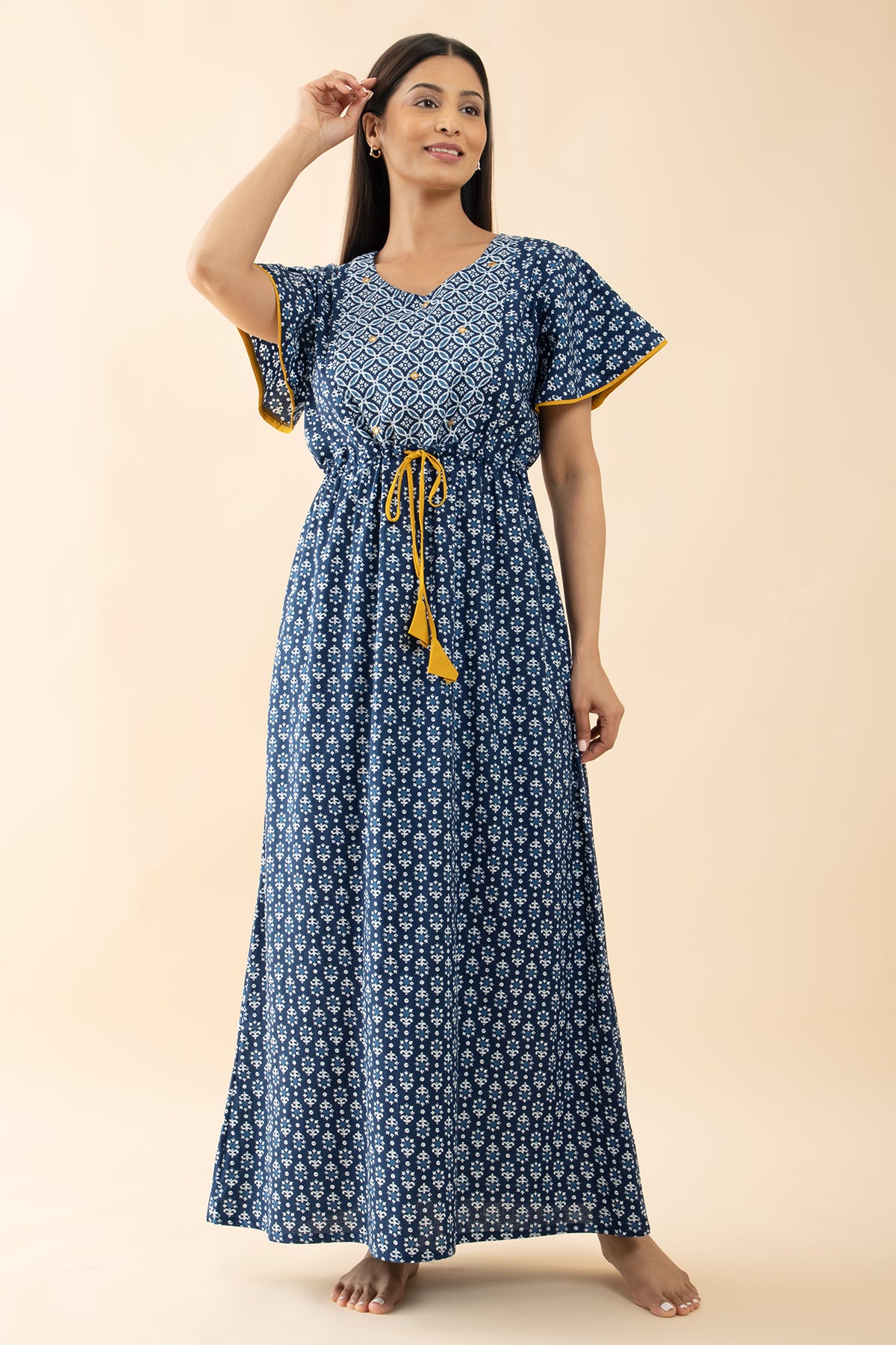 Indigo Printed Cotton Nighty with Waist Tie-up - Blue & Mustard