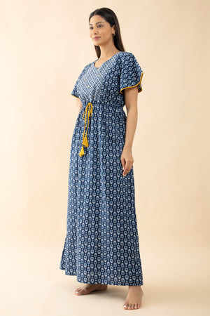 Indigo Printed Cotton Nighty with Waist Tie-up - Blue & Mustard