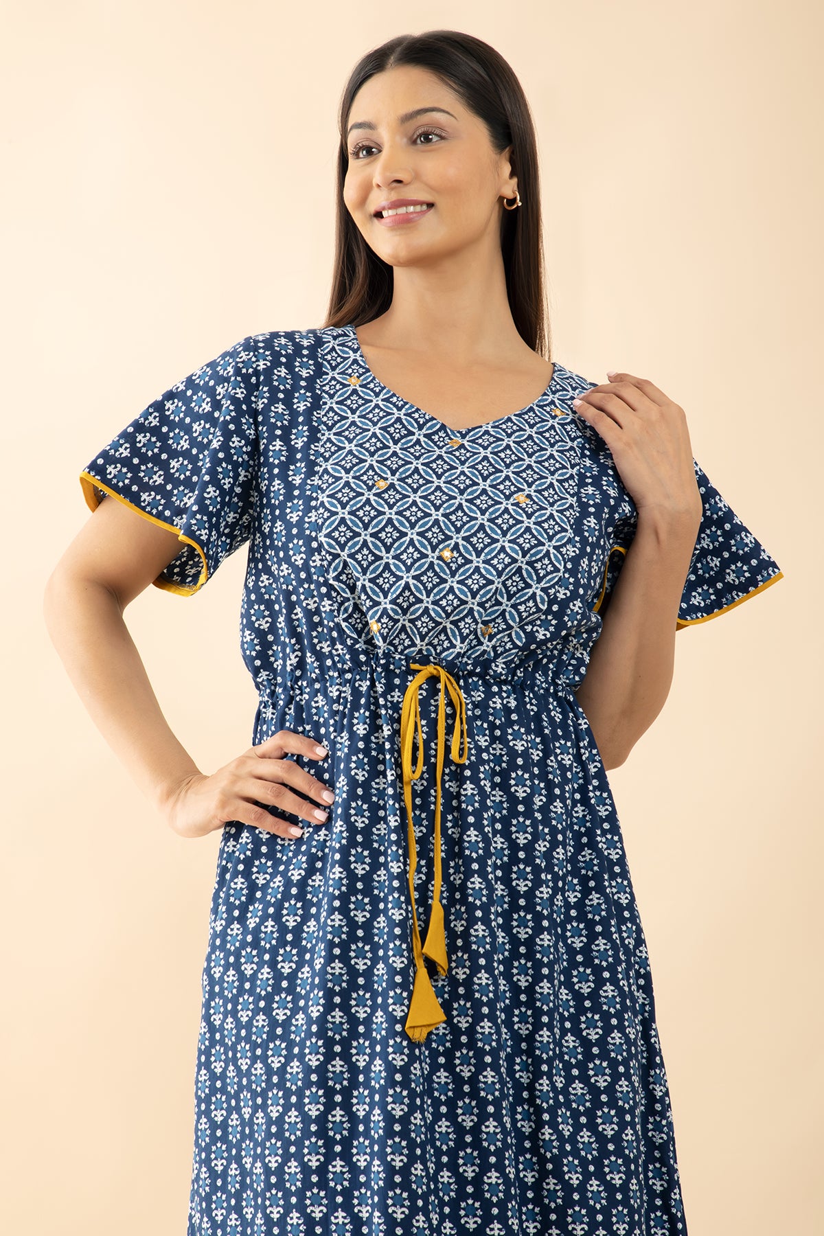 Indigo Printed Cotton Nighty with Waist Tie-up - Blue & Mustard