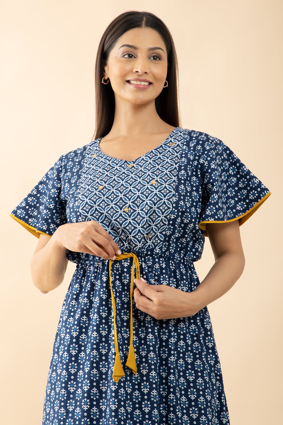 Indigo Printed Cotton Nighty with Waist Tie-up - Blue & Mustard