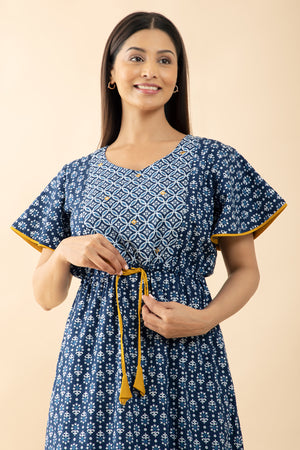 Indigo Printed Cotton Nighty with Waist Tie-up - Blue & Mustard