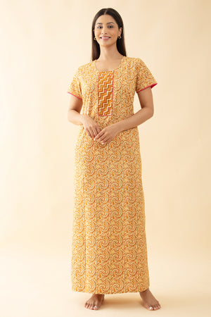 Block Printed Paisley Cotton Nighty - Mustard