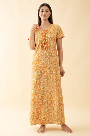 Block Printed Paisley Cotton Nighty - Mustard