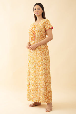 Block Printed Paisley Cotton Nighty - Mustard