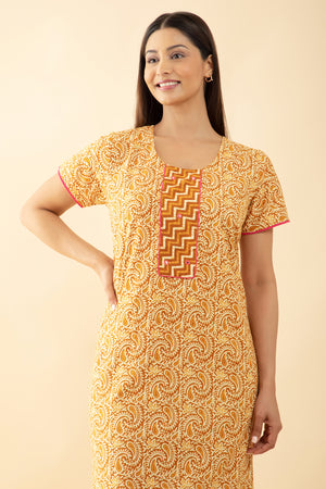 Block Printed Paisley Cotton Nighty - Mustard