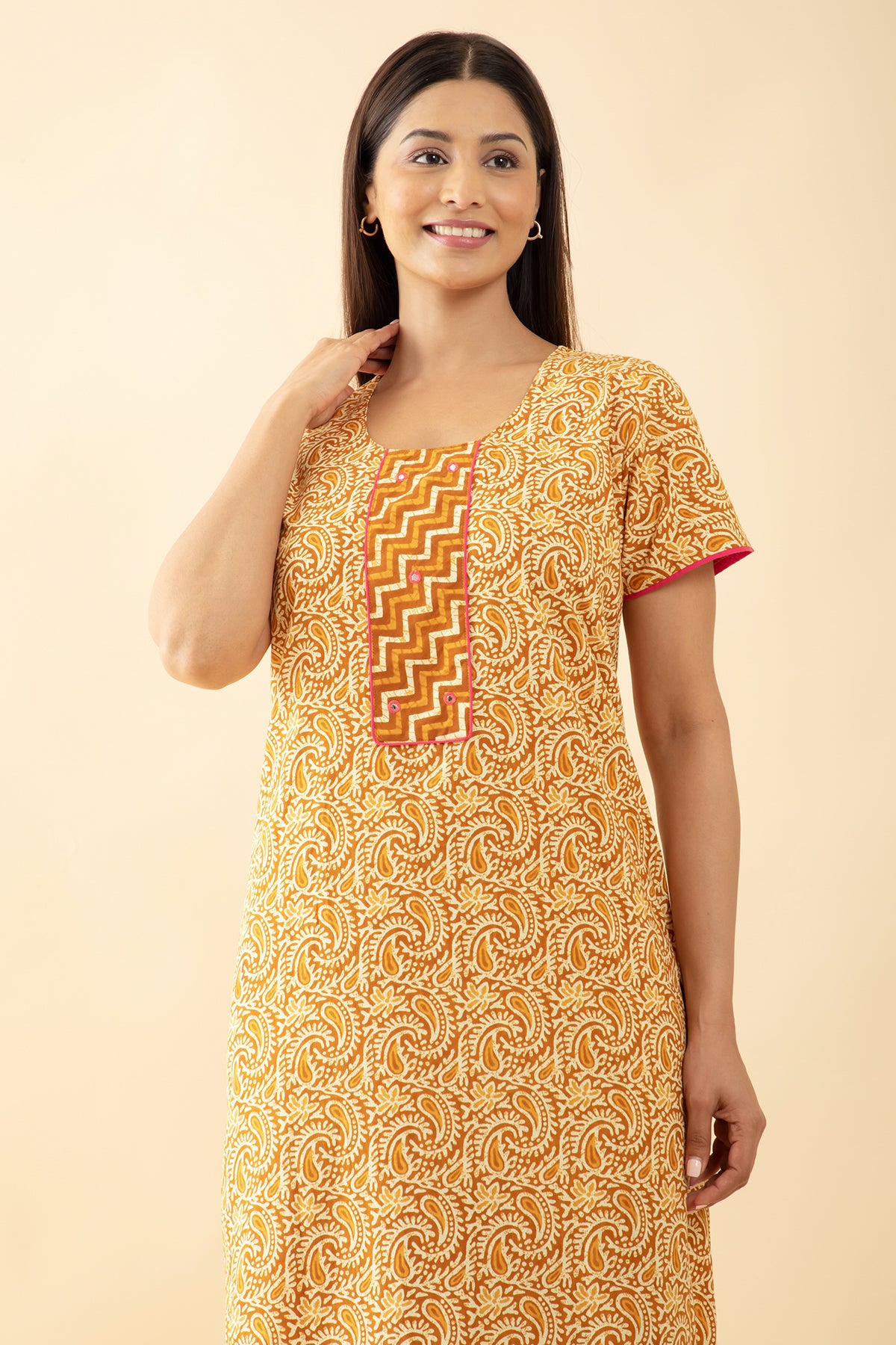 Block Printed Paisley Cotton Nighty - Mustard