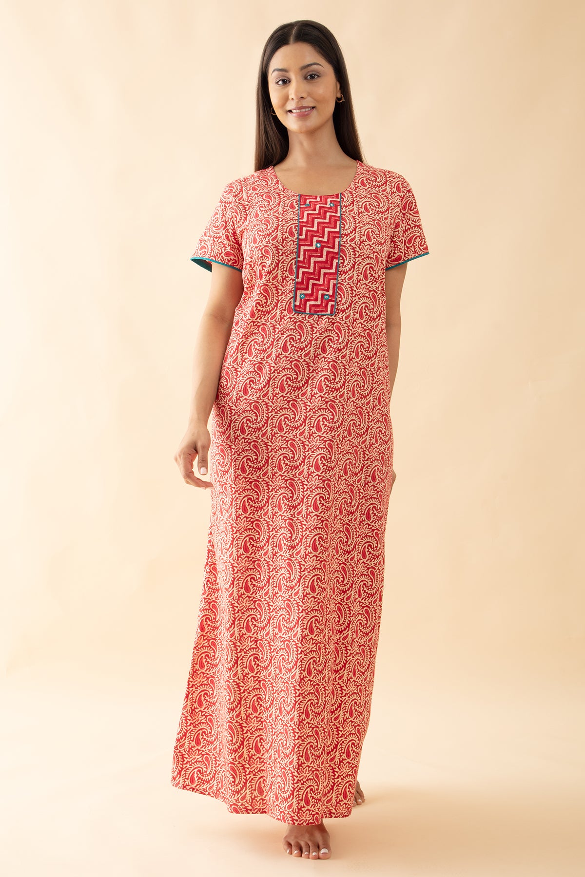 Block Printed Paisley Cotton Nighty - Red