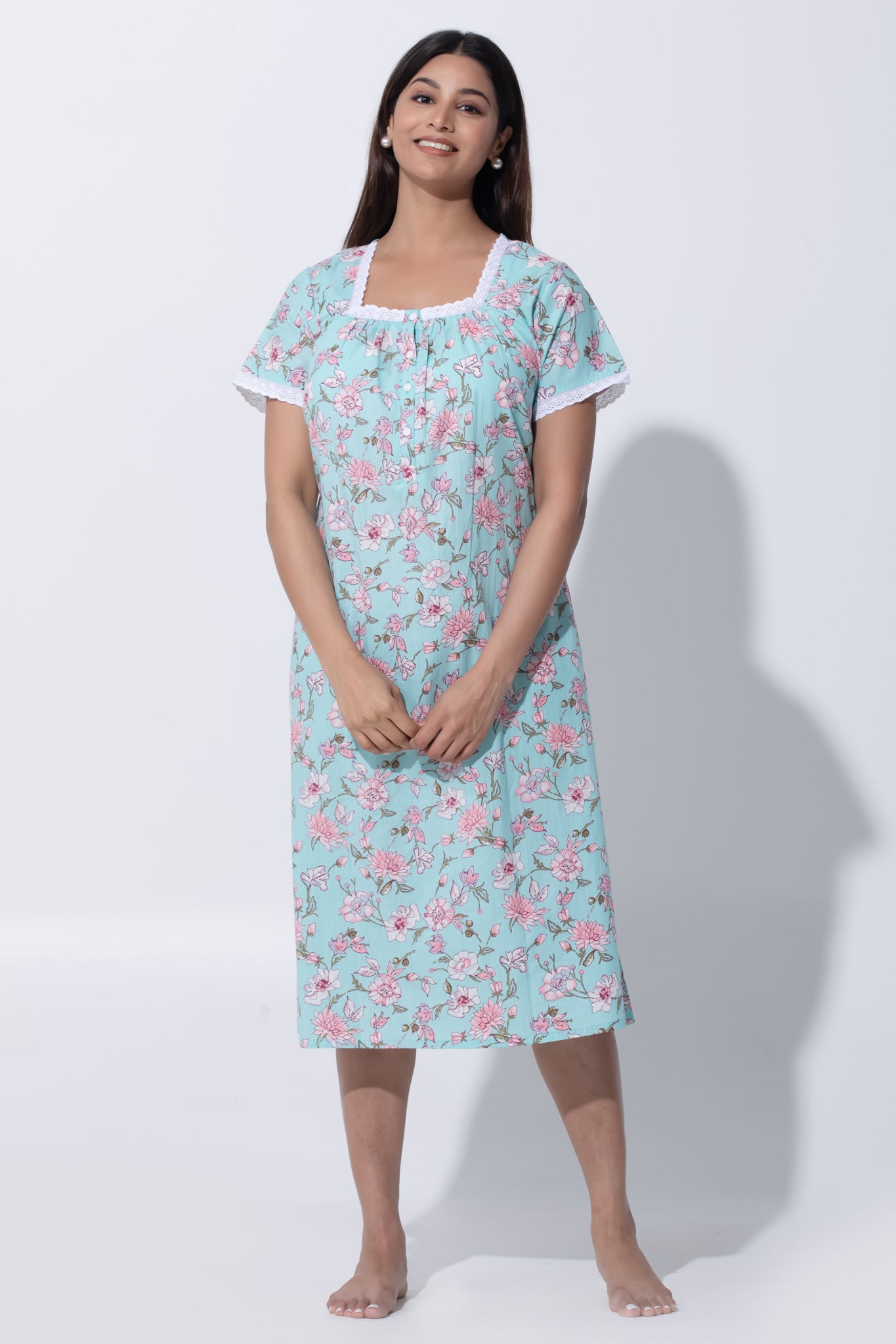 Sky Cotton Nighty with Floral Print & Lace Design