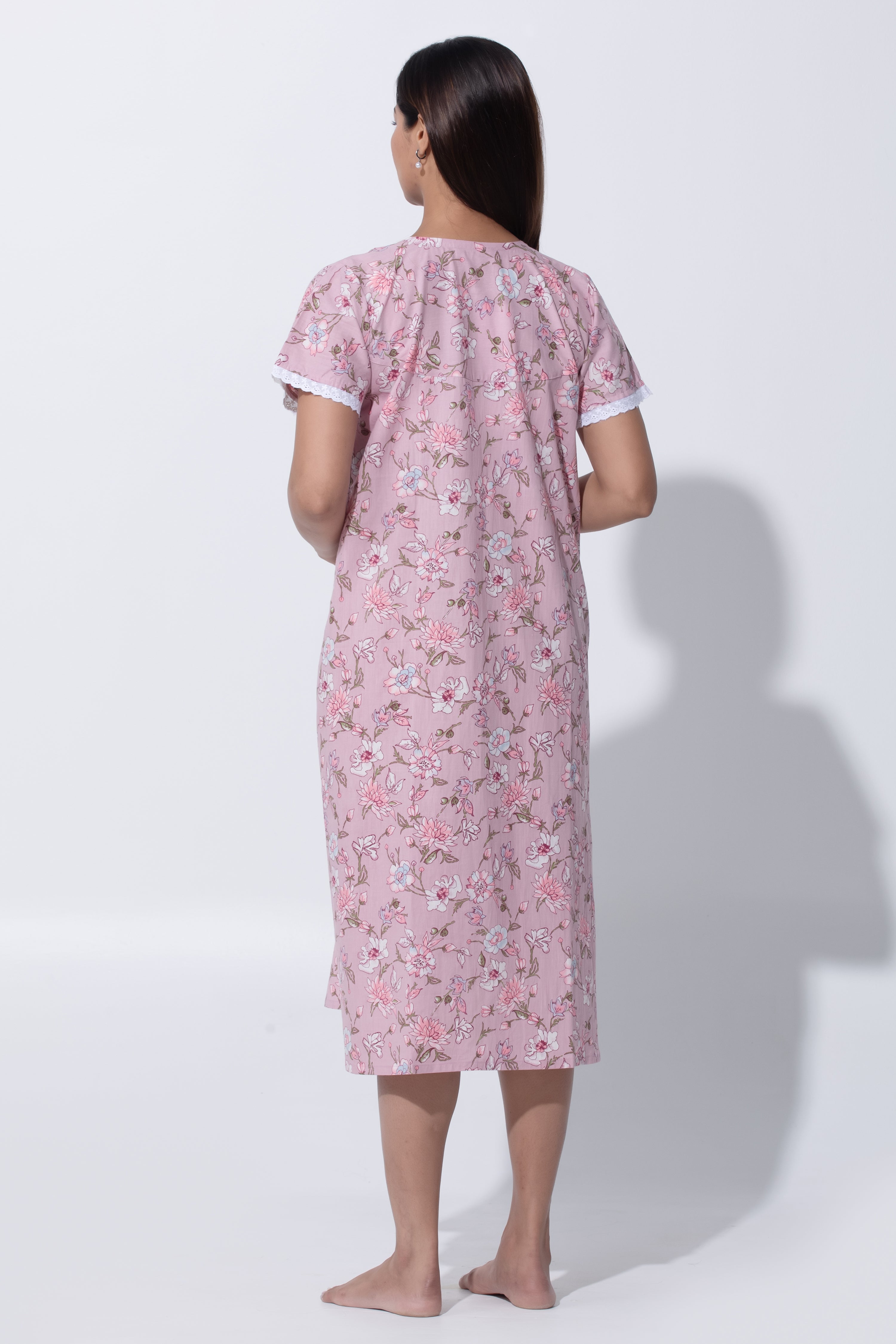 Pink Cotton Nighty with Floral Print & Lace Design