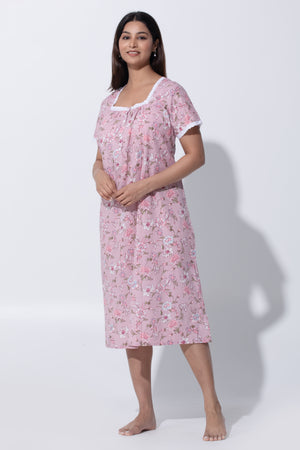 Pink Cotton Nighty with Floral Print & Lace Design