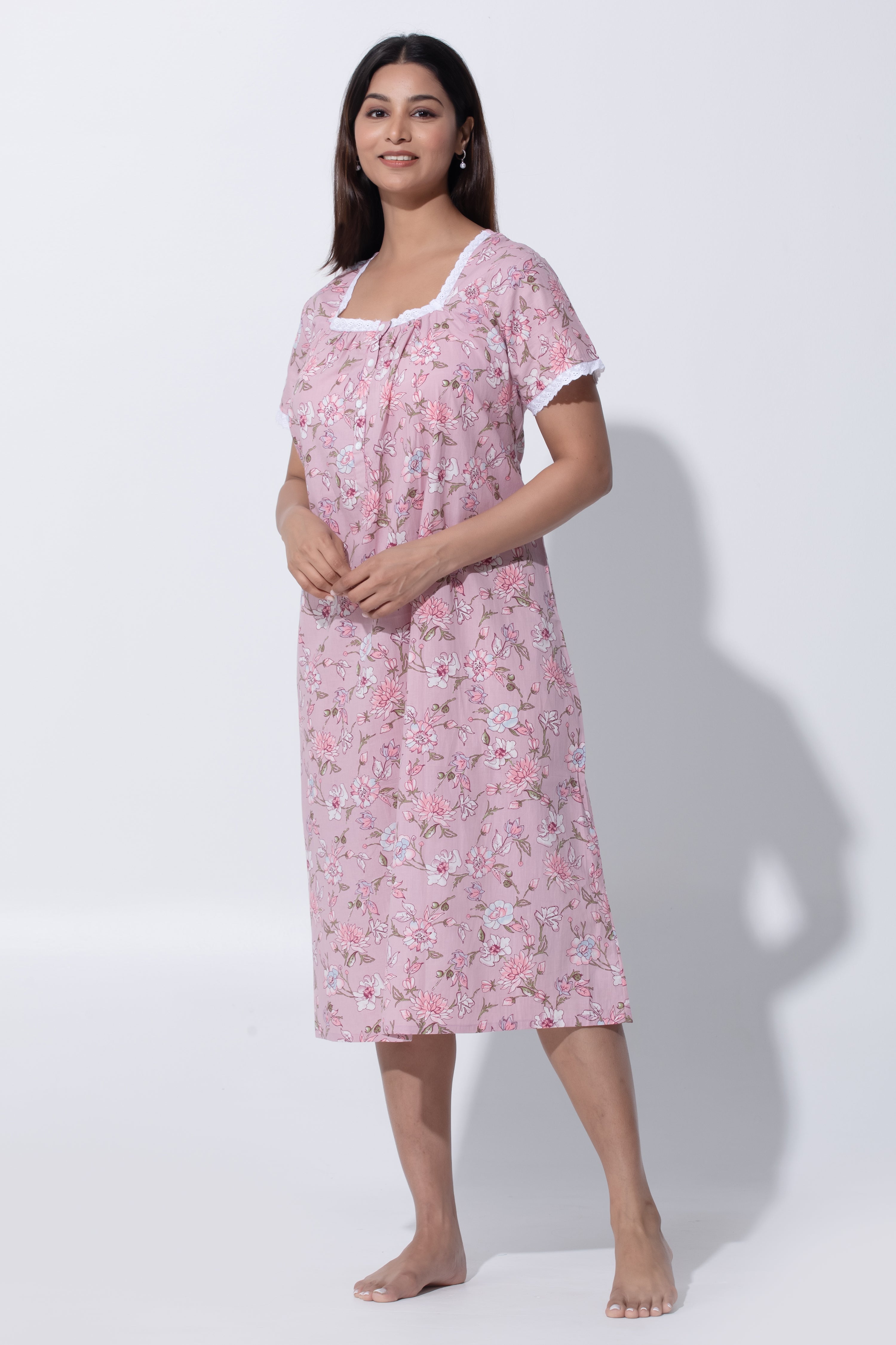 Pink Cotton Nighty with Floral Print & Lace Design