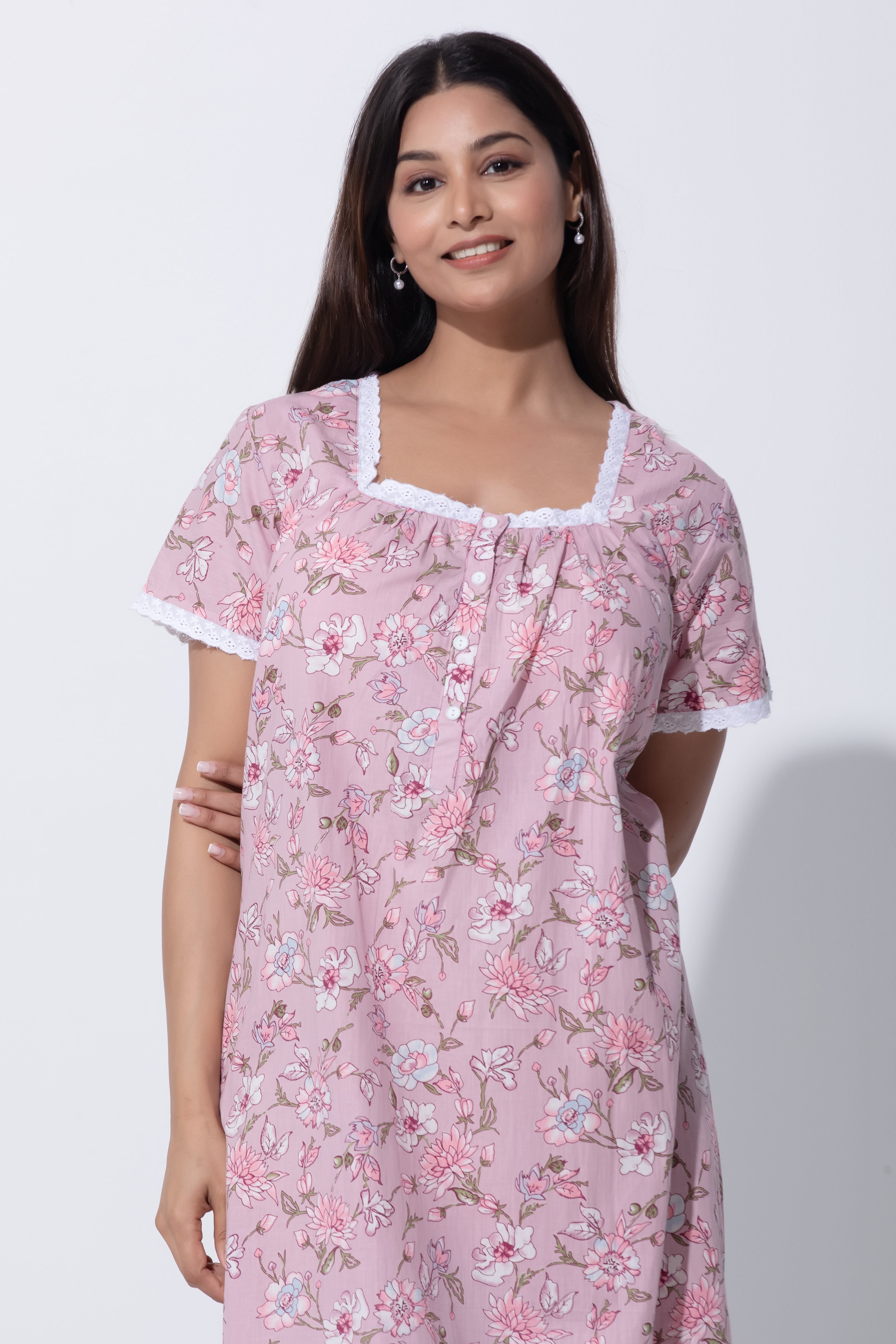 Pink Cotton Nighty with Floral Print & Lace Design