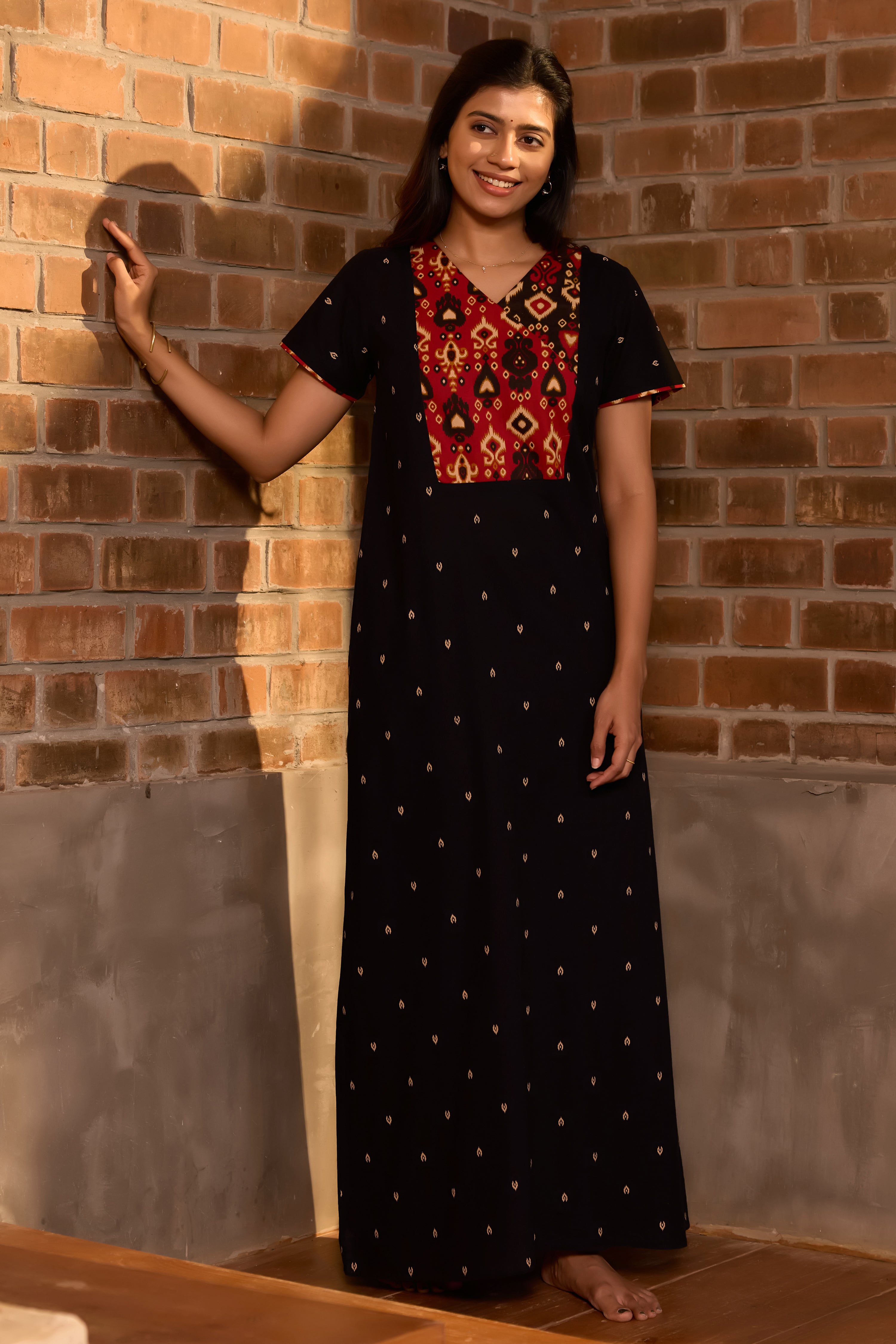 Black Printed Cotton Nighty with Ikkat Prined Yoke