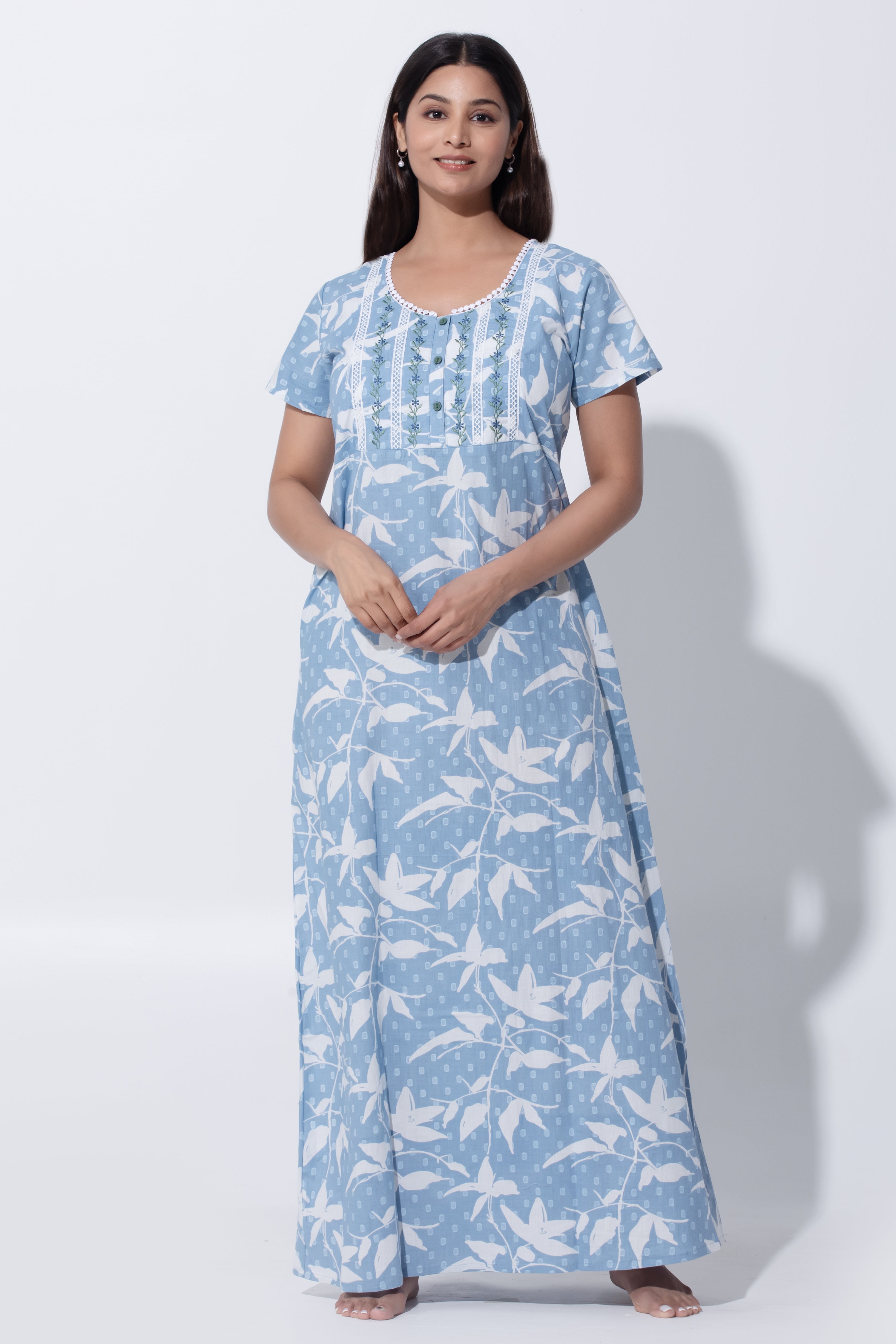 Faded Blue Floral Printed Pure Cotton Nightwear with Embroidery & Lace