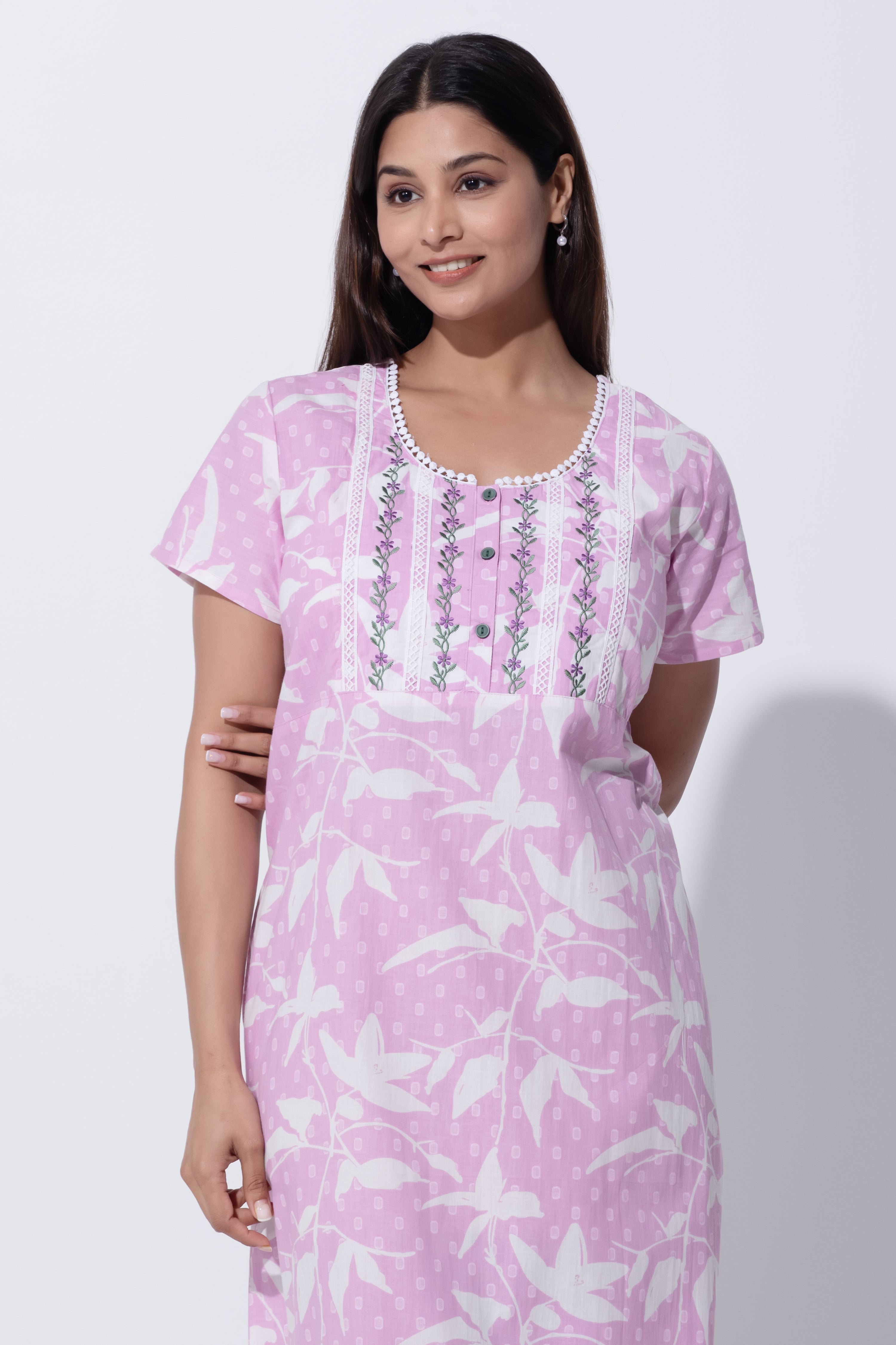 Pink Floral Printed Pure Cotton Nightwear with Embroidery & Lace