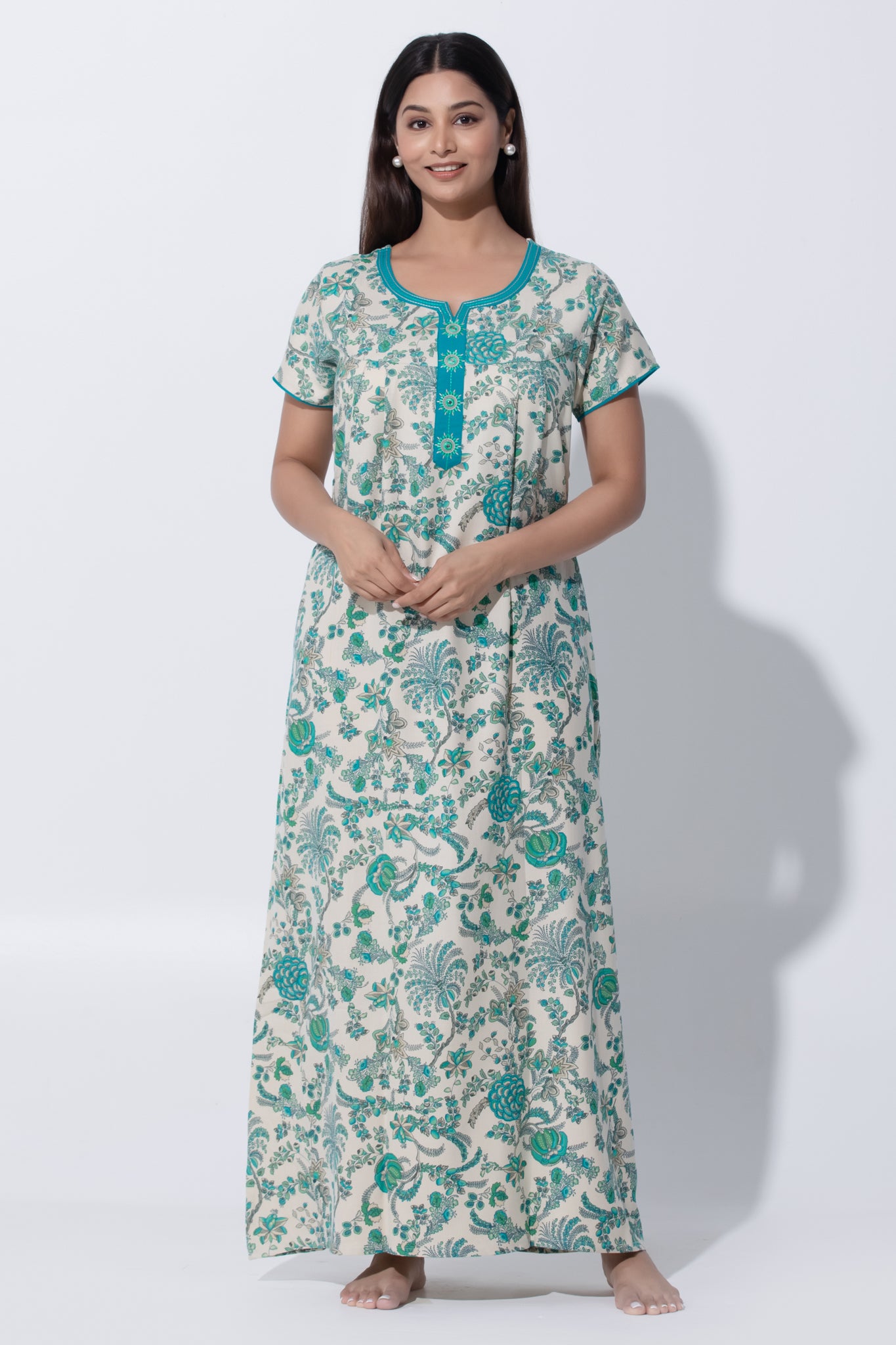 Turquoise Cotton Nighty with Embroidered Yoke